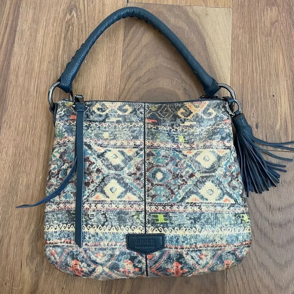 Aimee Kestenberg Coated Batik Pattern Faux Leather Dark Blue Trim Bag Purse $248